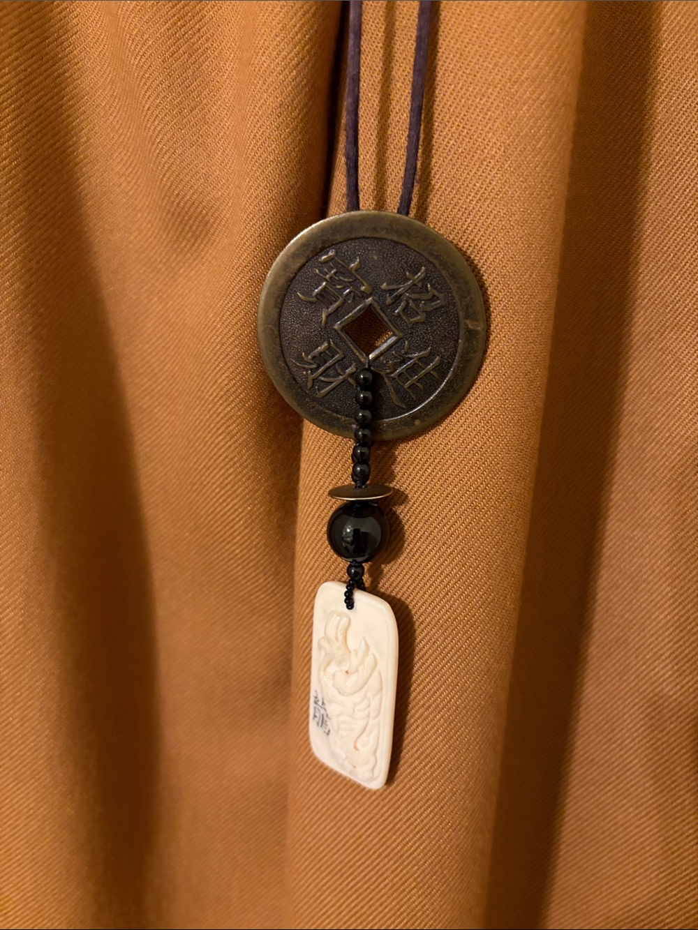 Feng Shui Brass Coin & Cream Dragon Pendant Necklace